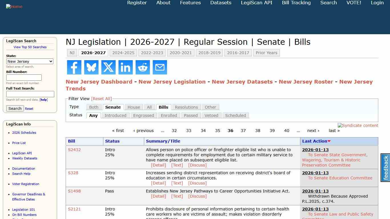 NJ Legislation 2026-2027 Regular Session Senate Bills LegiScan